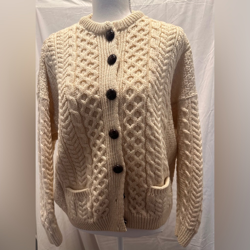 Vtg Patricia Kenny Aran Knit 100% Pure New Irish Wool Sweater L Cream Buttondown